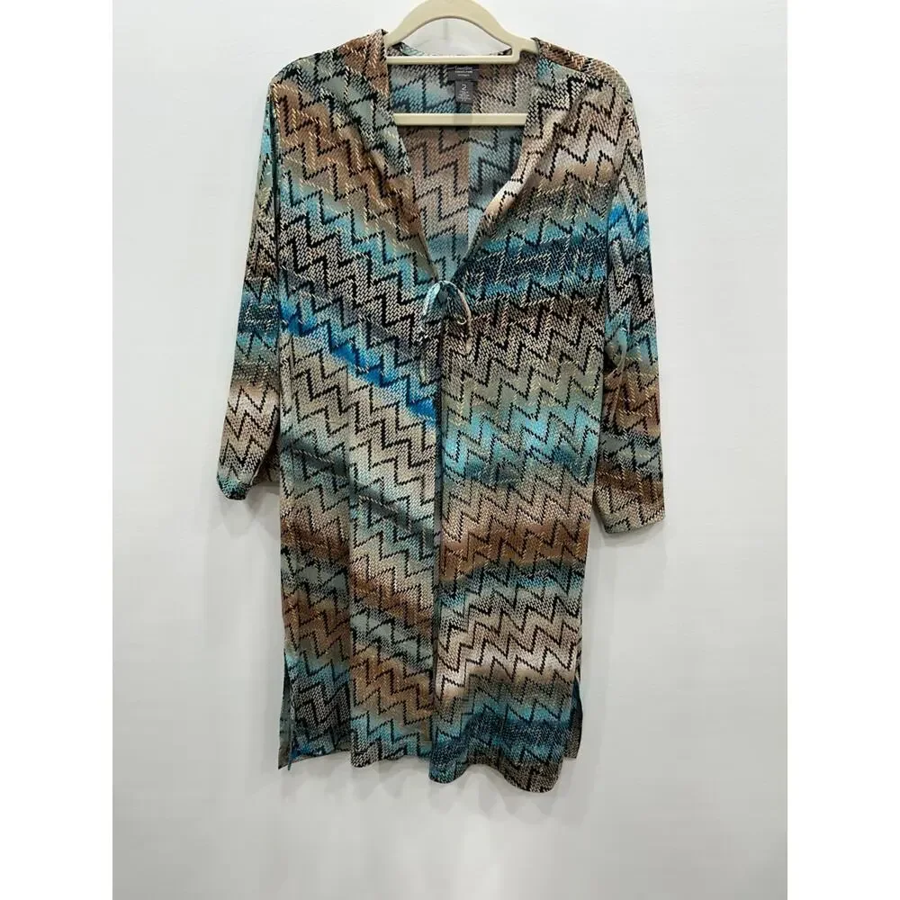 Chicos‎ Travelers Womens Chevron Blue Brown Duster Size L Lagenlook Artsy
